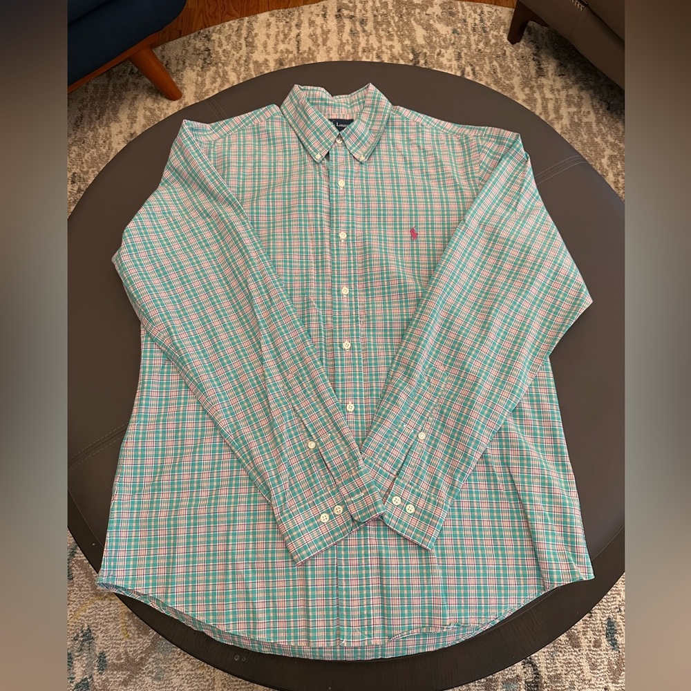 Ralph Lauren Custom Fit Turquoise Plaid Button Down Shirt Men's Size L 16 1/2